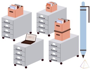 Organize dosyaların olduğu dolaplar, dizüstü bilgisayar, büyük kalem ve geometrik piramit tasarımı. Çalışma alanı, organizasyon, verimlilik, işletme yönetimi modern odaklanma için ideal. Basit.