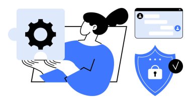 Elinde yapboz parçası olan bir kadın, sohbet penceresi, kilit ve işaretli bir güvenlik kalkanı. Siber güvenlik, takım çalışması, teknoloji, bağlantı, problem çözme, kullanıcı arayüzü basit iniş sayfası için ideal