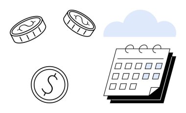 Takvimin yanında üzerinde dolar işareti olan bozuk paralar basit bir bulutun altında yüzüyor. Finans, bütçe, tasarruf, yatırım, planlama, zaman yönetimi, para yönetimi için ideal. Basit düz metafor