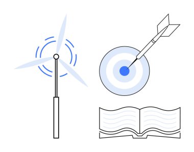Rüzgar türbini yenilenebilir enerjiyi temsil eder, hedef üzerine dart hassasiyeti ve verimliliği sembolize eder, açık kitap bilgi ve eğitimi yansıtır. Sürdürülebilirlik, stratejik planlama ve eğitim için ideal