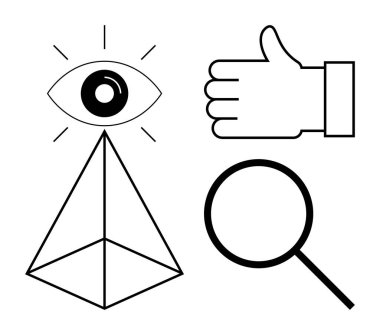 Piramidin üstündeki göz, baş parmak işareti, büyüteç netliği, onayı, keşfi vurguluyor. Analiz, vizyon, araştırma, takım çalışması yaratıcılık bireyselliği için ideal basit iniş sayfası