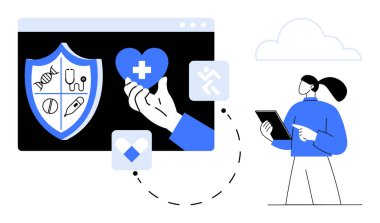 Kalkanlarda tıbbi semboller var. Kalbi haçla tutan kişi, tablet kullanan kişi. Sağlık, teletıp, sigorta, tıbbi yenilik, sağlık yönetimi, teknoloji sade iniş için ideal