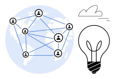 Bağlı kullanıcı simgelerinden oluşan bir ağ, dünya üzerindeki bağlantıyı sembolize ediyor. Yenilik ve fikirleri temsil eden bir ampul. İşbirliği, takım çalışması, küresel ulaşım, teknoloji, yaratıcılık ve yenilik için ideal
