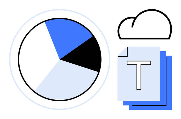 Пироговая диаграмма, слоистые текстовые документы и значки облаков, выделяющие аналитику, хранение, сотрудничество, генерацию отчетов. Идеально подходит для обработки данных, облачных вычислений, анализа обмена документами в режиме онлайн