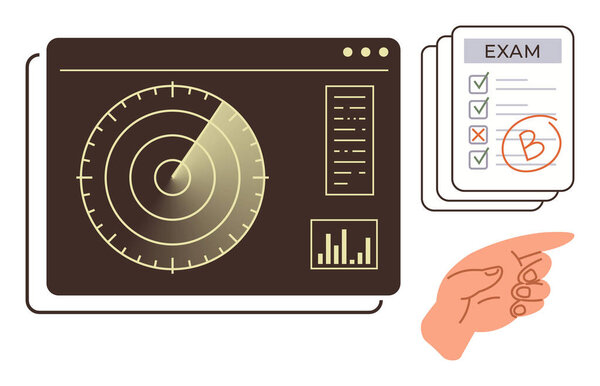 Радарный экран с диаграммами, экзаменационная таблица с оценками и жест указания руки, предлагающий оценку, анализ, мониторинг, обратную связь, принятие решений и отслеживание производительности. Идеально подходит для оценки