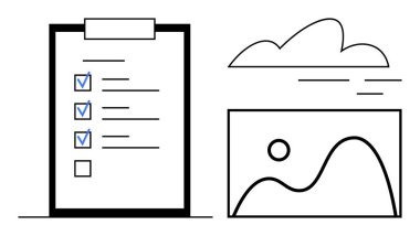 Tepelerin ve bulutların en az manzaralı görüntüsünün yanında işaretli görevler içeren not defteri. Üretkenlik, organizasyon, görev planlaması, yaratıcılık, vizyon, estetik ve motivasyon için ideal. Basit düz metafor
