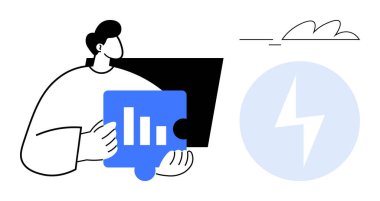 Elinde mavi bir yapboz parçası olan kişi, yıldırım ve bulutun yanında bir bar çizelgesi tutuyor. İş planlama, veri analizi, yenilik, enerji, takım çalışması, strateji teknolojisi için ideal. Basit.