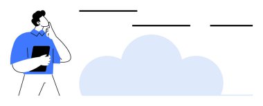 Üzerinde çizgiler olan soyut bir bulutun yanında düşünceli bir şekilde duran kişi. Teknoloji, yenilik, beyin fırtınası, bulut hesaplama, yaratıcılık, planlama, ilham için ideal. Basit düz