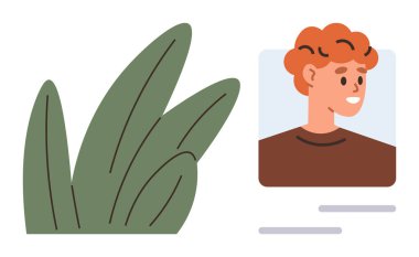 Yeşil yapraklı bitki tasarımının yanındaki profil kartındaki kızıl saçlı şahıs. Kimlik, profil, sosyal medya, çevre, doğa, markalaşma ve kişisel büyüme için ideal. Temiz düz metafor