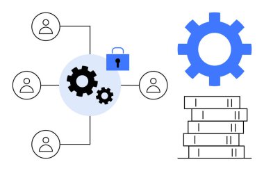 Veri güvenliği, çark ve veri tabanı desteleri için kilit sembolü olan çarklara bağlı insanlardan oluşan bir ağ. Takım çalışması, teknoloji, güvenlik, işbirliği, veritabanı, veri paylaşımı için ideal