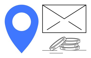 Mavi lokasyon rozeti, zarf ve para yığını navigasyon, iletişim, finans ve dijital hizmetleri sembolize eder. Teslimat, ödeme, e-ticaret pazarlama lojistiği için ideal basit bir daire