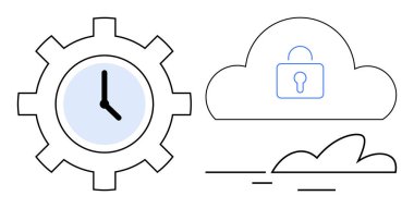 Zaman yönetimini, veri korumasını, bulut hesaplamasını, siber güvenliği ve teknoloji verimliliğini sembolize ediyor. IT, iş, güvenlik ve bulut depolama için ideal