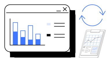Ekranda çubuk çizelgesi, analitik pano, yenilenmeyi ima eden dairesel oklar. Veri işleme, analitik, raporlama, güncellemeler, geri bildirim otomasyon stratejisi için idealdir. Temiz, düz metafor