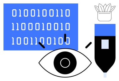 Teknoloji, gözlem, yazım, üretkenlik, veri analizi dijital yenilik ve basitliği temsil eden bir dijital ekran, göz sembolü, kalem ve saksı bitkisi üzerindeki ikili kod. Teknoloji için ideal yapay zeka.