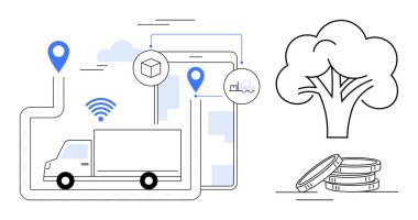 Teslimat kamyonu konum lobutları, ağ iletişimi ve madeni paralarla eko ağacı sembolü. Sürdürülebilirlik, lojistik, ekolojik çözümler, akıllı teknoloji, ulaşım yeniliği, yeşil