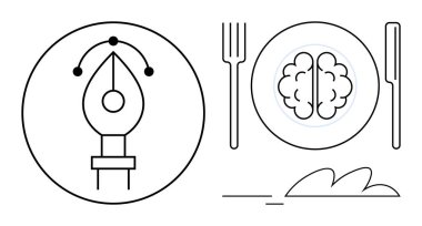Bir çatal, bıçak ve tabağın yakınındaki yaratıcılığı ve tasarımı temsil eden daire şeklinde bir kalem aleti. Beyin gelişimini sembolize ediyor. Yaratıcılık, eğitim, yenilik, kendini geliştirme için ideal