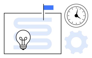 Fikirleri temsil eden ampul, süreçler için teçhizat, hedefler için bayrak, zaman için saat ve iş akışı için soyut çizgiler. Strateji, yenilik, hedef belirleme, takım çalışması yönetim planlaması için ideal