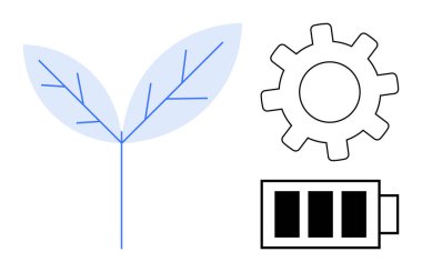 Yaprak, dişli ve pil diyagramı enerji verimliliği, eko-teknoloji, yeşil güç ve yeniliği vurguluyor. Sürdürülebilirlik, gelişme, doğa yenilenebilir enerji eko-teknolojisi için ideal yeşil