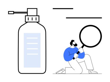 Dev büyüteçle diz çökmüş, soruşturmayı, temizliği, hijyeni, ürün araştırmasını, güvenlik denetimini, sağlık ve sorumluluğu sembolize eden kişinin yanında büyük bir dezenfektan pompa şişesi. Basit.