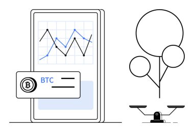 Yükselen ve azalan eğilimlerle birlikte BTC grafiğini gösteren akıllı telefon, denge ölçeği ve ağaçla eşleştirildi. Kripto para birimi, finans, yatırım, büyüme, dijital para birimi, ekonomi ve teknoloji için ideal