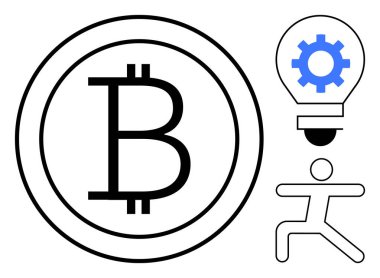 Daire şeklinde Bitcoin logosu, içinde dişli ampul simgesi ve çalışan insan figürü. Kripto para birimi, engelleme zinciri, yenilik, fintech, teknoloji, yatırım girişimciliği için ideal düz metafor