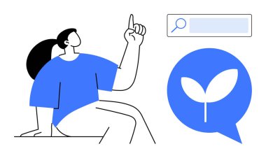 Bir kadın oturmuş, bir arama çubuğunun yanında elini kaldırıyor ve elinde bitki simgesi olan mavi bir konuşma balonu var. Sürdürülebilirlik, çevrimiçi arama, yenilik, eğitim, çevre dostu fikirler, farkındalık, basit