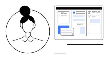 Liste, not ve onay kutularının yer aldığı görev yönetimi arayüzünün yanında ana hatlı yüksek topuz tarzında dişi avatar. Üretkenlik, organizasyon, takım çalışması, profesyonel iş akışı ve görev için ideal
