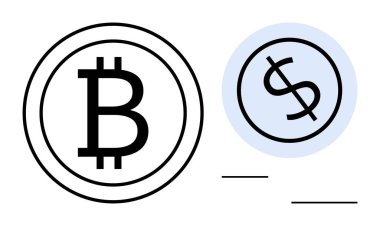Bitcoin ve dolar para sembolleri dijital ve geleneksel para arasındaki geçişi temsil ediyor. Finans, yatırım, fintech, kripto para birimi, küresel ekonomi, e-ödeme ve blok zinciri için ideal