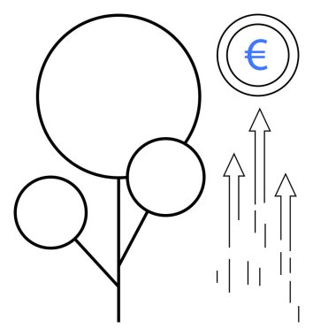 Avro sembolü ve yükselen oklarının yanında dairesel yaprakları olan soyut bir ağaç. Ekonomi, sürdürülebilirlik, büyüme, yatırım, kâr, mali başarı, iş stratejisi için ideal. Basit düz metafor