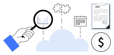 Bulut verilerini, bulmaca parçalarını, takvimi, sözleşmeyi ve dolar işaretini inceleyen büyüteçle. İş stratejisi, analitik, iş akışı, finans planlaması bulut teknolojisi için ideal