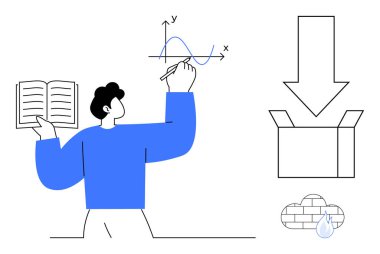 Grafik çizerken kitap okuyan kişi, aşağıya doğru ok, bulut ve su damlasıyla boks yapıyor. Eğitim, veri, strateji, bilgi problem çözme inovasyonu için idealdir. Basit düz