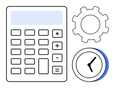 Hesap makinesi, dişli ve saat verimliliği, muhasebe, zaman yönetimi ve planlamayı gösteriyor. Üretkenlik, işletme finansmanı, organizasyon bütçesi iş akışı optimizasyonu için ideal basit bir daire