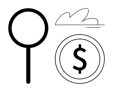 Büyüteç odak noktasını vurguluyor, para transferi finans, ve yaratıcılığı uyandıran bulut. İş, analiz, finans, çevrimiçi araştırma, yenilik, teknoloji dijital stratejisi için ideal