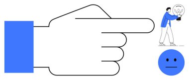 Tarafsız bir yüz eşliğinde bir fikri sembolize eden, ampul taşıyan bir insana dikkat çeken büyük bir işaret. Rehberlik, fikirler, yön, liderlik, yenilik, dakiklik için ideal