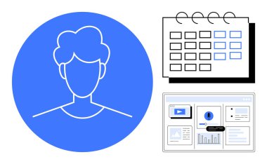 Bir takvim planlayıcısının yanında kullanıcı profili simgesi ve veri, çizelge ve ortam ögelerinin bulunduğu bir panel. Zamanlama, verimlilik, organizasyon, planlama, yönetim, veri analizi takım çalışması için ideal