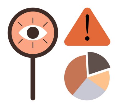 Gözü öne çıkaran büyüteç, ünlem işaretli turuncu uyarı üçgeni ve pasta grafiği. Analiz, ihtiyat, risk yönetimi, veri görselleştirme, farkındalık, sorun çözme için ideal