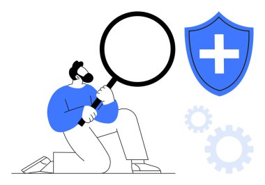 Büyüteçle diz çökmüş biri detayları inceliyor, tıbbi haç sembollü kalkan ve vites simgeleri. Güvenlik, sağlık, analiz, araştırma, koruma, sorun çözen basit bir daire için ideal