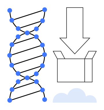 Bir ok ve kutunun yanındaki DNA ipliği, konseptlerin genomik, veri depolama, bulut hesaplama ve yenilikleri desteklediğini gösterir. Genetik araştırma, biyoteknoloji, veri transferi, teknoloji, biyoloji DNA 'sı için ideal