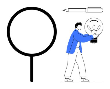 Elinde parlak bir ampul, büyük siyah büyüteç ve kalem tutan bir adam. Yaratıcılık, yenilik, araştırma, keşif, problem çözme fikirleri işbirliği için idealdir. Basit düz metafor