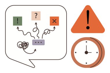 Karmaşık yolları olan konuşma balonu, soru işareti, işaretleme işaretleri, çapraz simgeler, uyarı üçgeni ve saat. Sorun çözme, zaman yönetimi, karar verme risk analizi iletişimi için ideal
