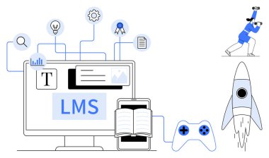 LMS ekran, kitap, oyun denetleyici, roket ve analitik, yaratıcılık ve başarı simgelerine sahip bilgisayar. E-öğrenim, gamifikasyon eğitim yenilik hedefleri için ideal ilerleme