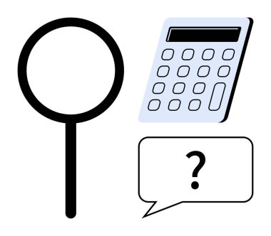 Büyüteç, hesap makinesi ve soru işareti konuşma balonu analiz, finans, soruşturma. Sorun çözme, araştırma, veri, eğitim sorgulama değerlendirmesi için ideal basit düz