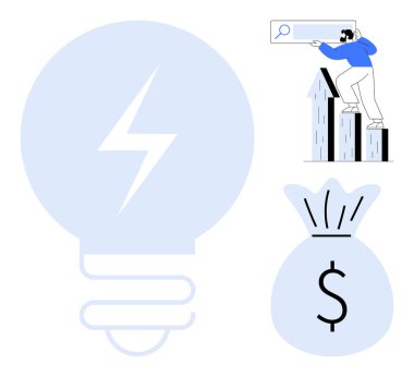 Yıldırımlı ampul, bar haritasında arama yapan adam ve para çantası. Yenilikçilik, strateji, girişimcilik, başarı, amaç yaratıcı büyüme için idealdir. Basit düz metafor