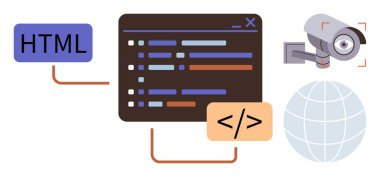 HTML etiketli ve betik sembollü kod editörü, güvenlik kamerası ve küresel İnternet 'i temsil eden küresel küre. Kodlama, siber güvenlik, teknoloji ve bilişim teknolojileri için ideal.