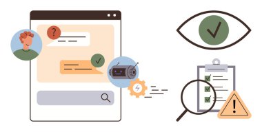 Mesajlı sohbet penceresi, kullanıcı profili, sohbet botu, büyüteçli kontrol listesi, uyarı uyarısı, doğrulama göz simgesi. AI entegrasyonu, müşteri desteği, kalite güvencesi iş akışı için ideal