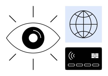 Genişletilmiş göz, yayılan hatlar, dünya şebekesi ve temassız kredi kartı görüşü, küresel ağı ve güvenli dijital işlemleri sembolize ediyor. Teknoloji, finans ve bağlantı için ideal