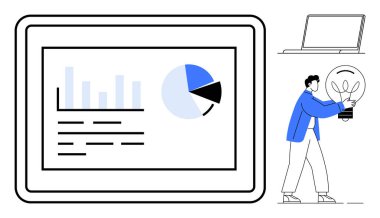 Çizelgeli dijital gösterge paneli, uzaktan kumandalı bilgisayar, elinde ampul tutan biri. Analiz, planlama, yenilik, iş, uzaktan kumandalı takım çalışması ve teknoloji için ideal. Basit düz metafor