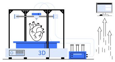 İleri teknoloji 3D yazıcı laboratuvar tüpleri, ilerlemeyi gösteren oklar ve bir bilgisayar ekranı olan bir insan kalbi yapıyor. Tıbbi yenilik için ideal, teknoloji, bilim, araştırma, sağlık hizmetleri, gelecek basit