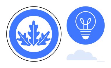 Dairesel meşe yaprağı logosu ve ampul sembolü ekolojik bilinçli düşünce ve yeniliği temsil ediyor. Sürdürülebilirlik, yenilenebilir enerji, çevre, yaratıcılık, teknoloji, büyüme, basit iniş için ideal