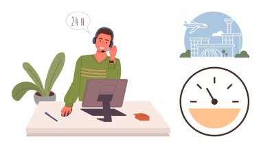 Masadaki adam kulaklık takıyor, müşteri hizmetleriyle ilgileniyor. Havaalanı simgesi, 247 servisi simgeleyen saat. Seyahat, havacılık, müşteri hizmetleri, iş yardımı, küresel destek süresi için ideal